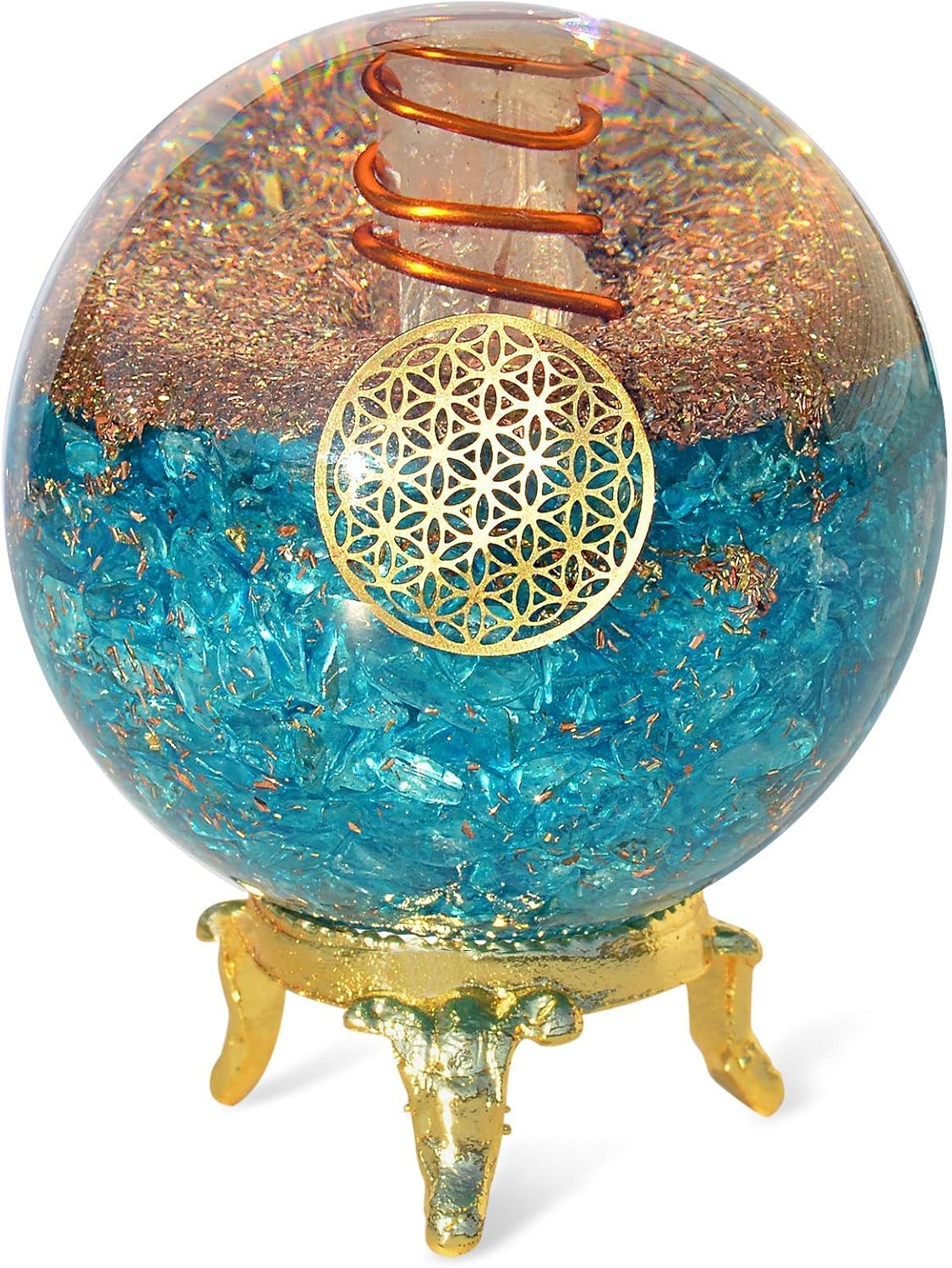 Mixed Media - Orgonite Crystal Blue Aquamarine Crystal Ball with Stand for Positive Energy, E-emission Protection and Chakra Balancing –with Flower of Life Symbol to Promote Purpose, Serenity and Courage