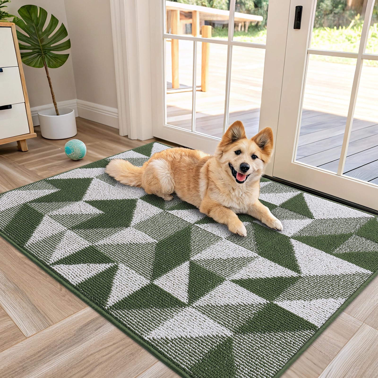 OLANLY Large Door Mat Indoor Entrance Washable 48x32, Odor-Free Low-Profile Front Back Geometric Doormat, Absorbent Resist Dirt Entry Carpet, Easy to Clean Sturdy Inside Floor Mats for Entryway, Green Image