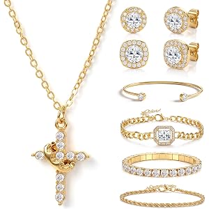 Sllaiss Jewelry Set for Women, 7 Pcs Necklace Earrings Bracelet Set | Crown Cross Necklace,CZ Stud Earrings,Layered Bracelets