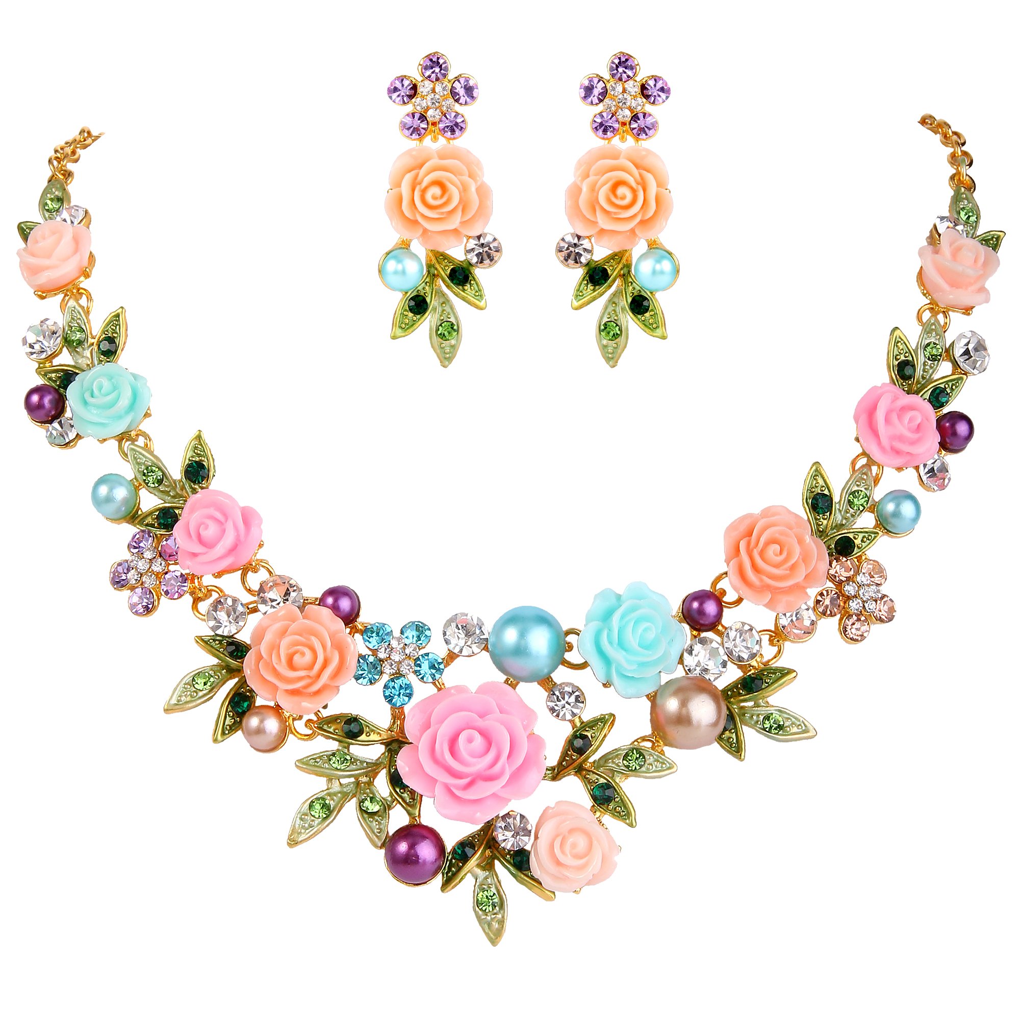 Ever Faith Crystal Simulated Pearl Rose Flower Leaf Necklace Pierced Pierced Earrings Set Multicolor Gold-Tone