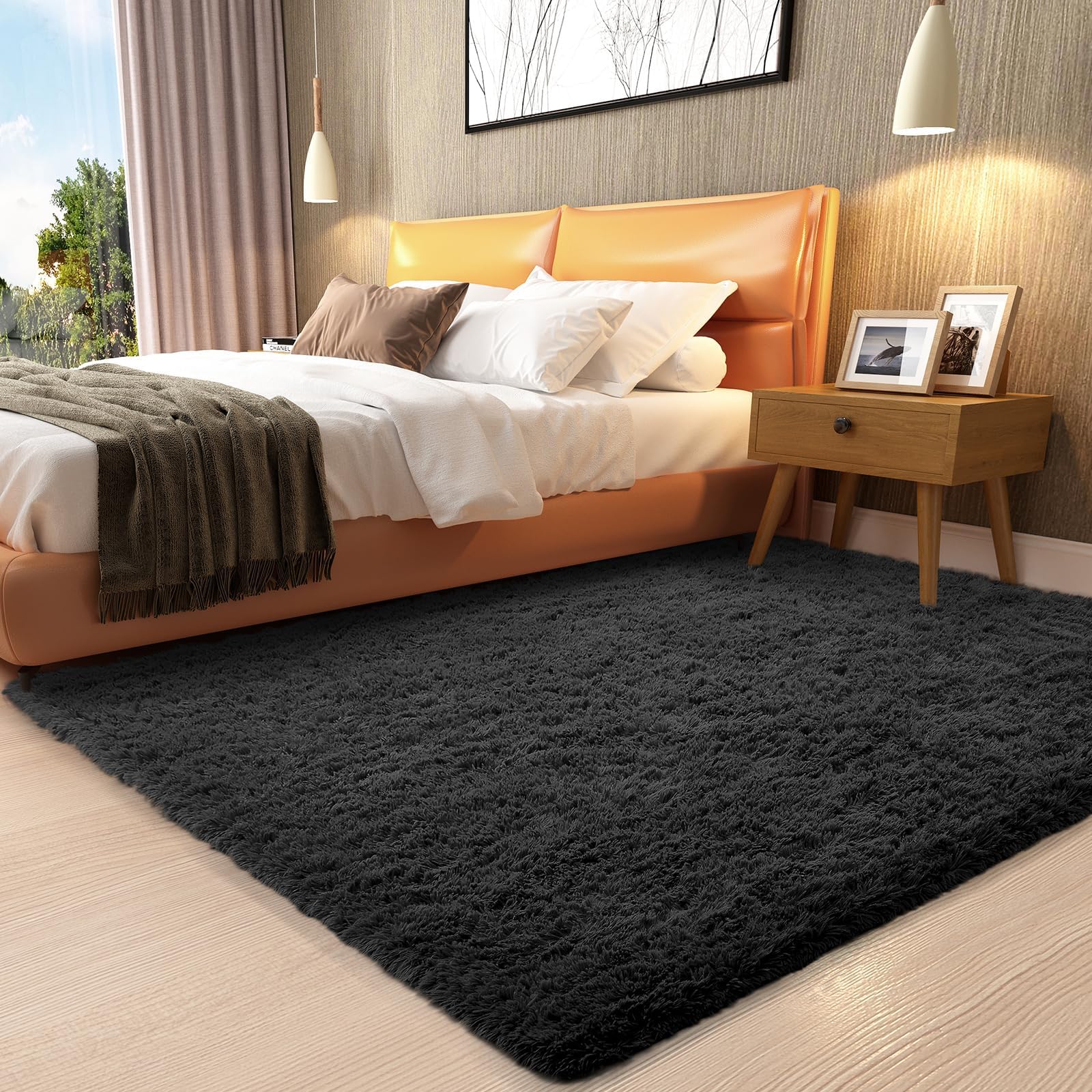 Photo 1 of Ophanie 3x5 Black Rugs for College Dorm, Bedroom Small Area Rug, Non-Slip Fluffy Shaggy Bedside Soft Shag Fuzzy Plush Carpet for Kids Boys Teen Home Decor Aesthetic, Nursery