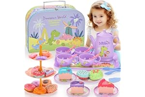 Lajeje Dinosaurs Tea Party Set for Little Girls, Pretend Plastic Teapot Set, Princess Tea Time Play Kitchen Toy with Dessert, Carrying Case for Birthday Easter Gifts Kids Toddlers Age 3 4 5 6