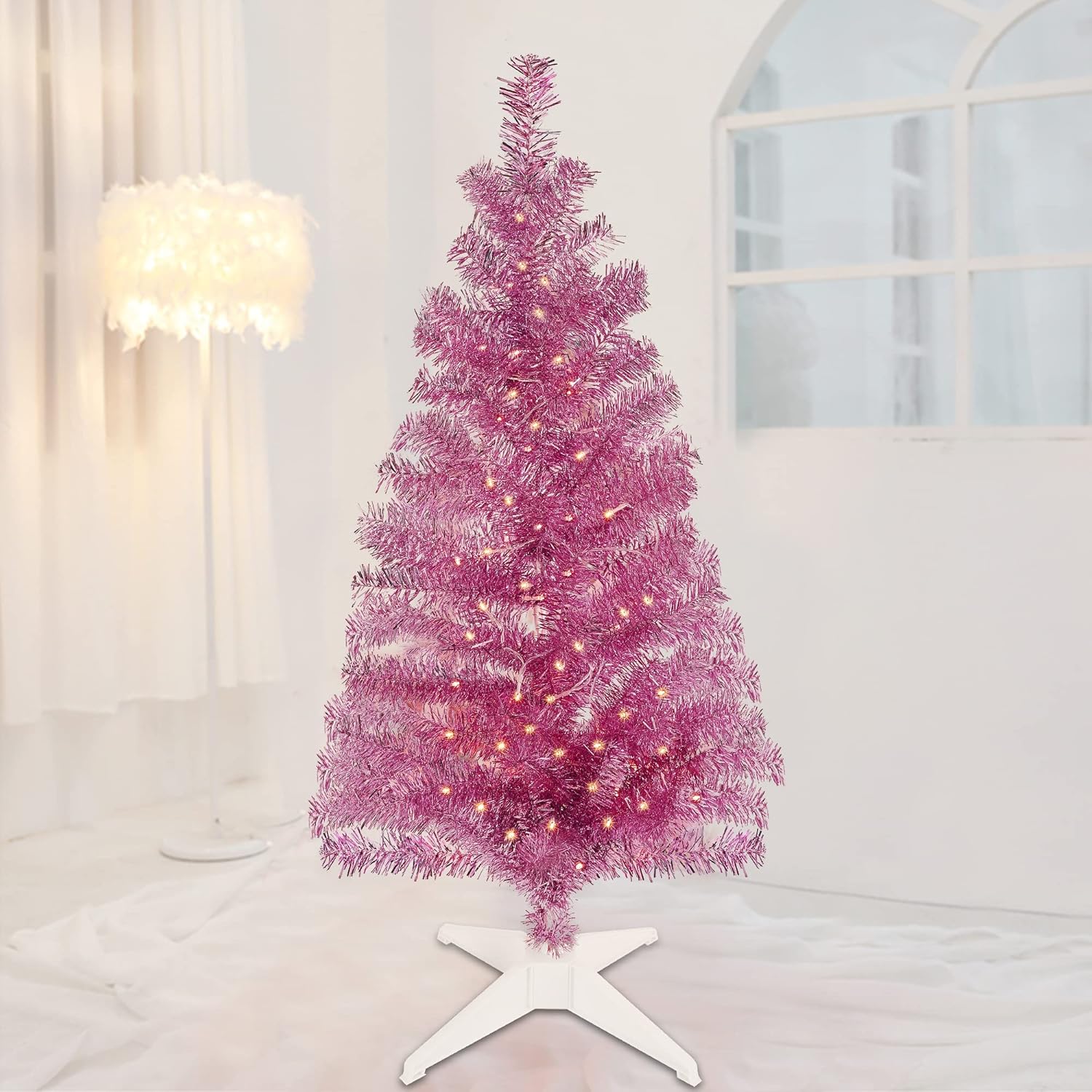 Trees - Juegoal 4 FT Pre-lit Artificial Christmas Tree, Lighted Tinsel Pencil Pine Spruce Trees with 70 Warm White LED Lights, 8 Lighting Mode & Timer Function for Xmas Holiday Winter Home Party Decor (Pink)