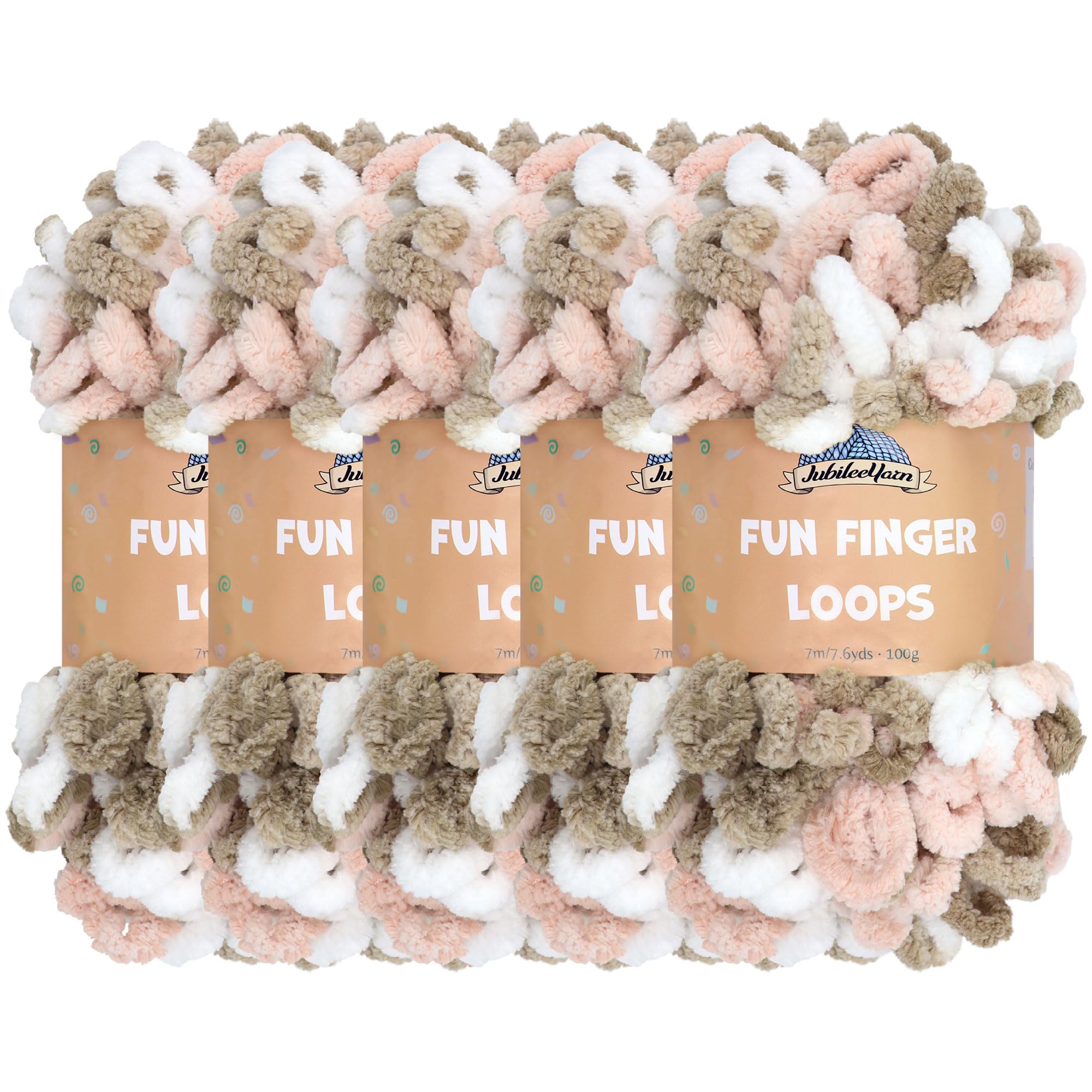 JubileeYarn Fun Finger Loops Yarn - Polyester Jumbo Weight Loop Yarn - 100g/Skein - Pink Brown White - 5 Skeins