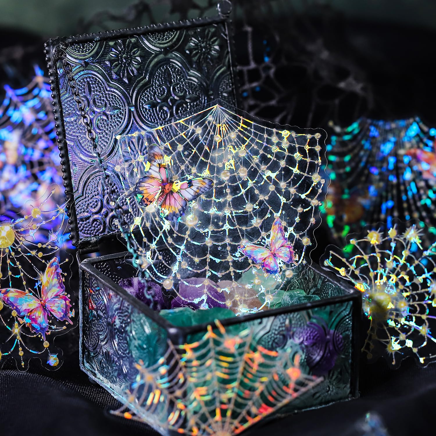 Photo 1 of 40 Pcs Large Holographic Spider Web Stickers – Transparent Waterproof Scrapbooking Stickers for Journaling,Resin Art,DIY Crafts,Junk Journals,Halloween Decorations