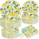 FYSUIMU 96 Pcs Lemon Party Decorations Summer Lemon Birthday Party Supplies Plates Napkins and Forks for Yellow Lemon Baby Shower Bridal Shower Serves 24