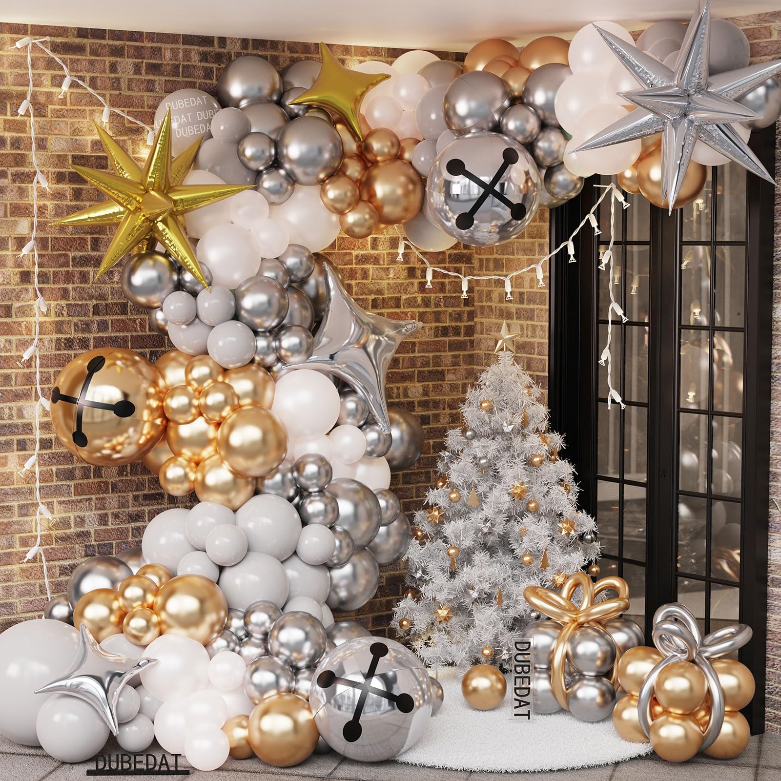 Photo 1 of 145Pcs Christmas Balloons Garland Arch Kit, Gold Sliver Balloons,Star, Bell for Christmas Party Decorations