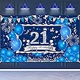 Blue 21st Birthday Decorations Banner for Men Women - Navy Silver Backdrop, Party Supplies 72.8 x 43.3 Inch