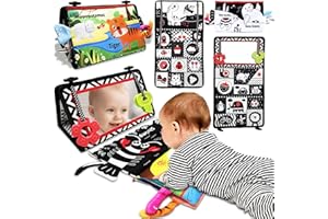 Autumety Tummy Time Mirror Newborn Toys: Black and White Infant Tummy Time Toys 0-3 0-6 6-12 Months Babies High Contrast Baby Toy with Book & Teethers Montessori Sensory Toy for Boy Girl Baby