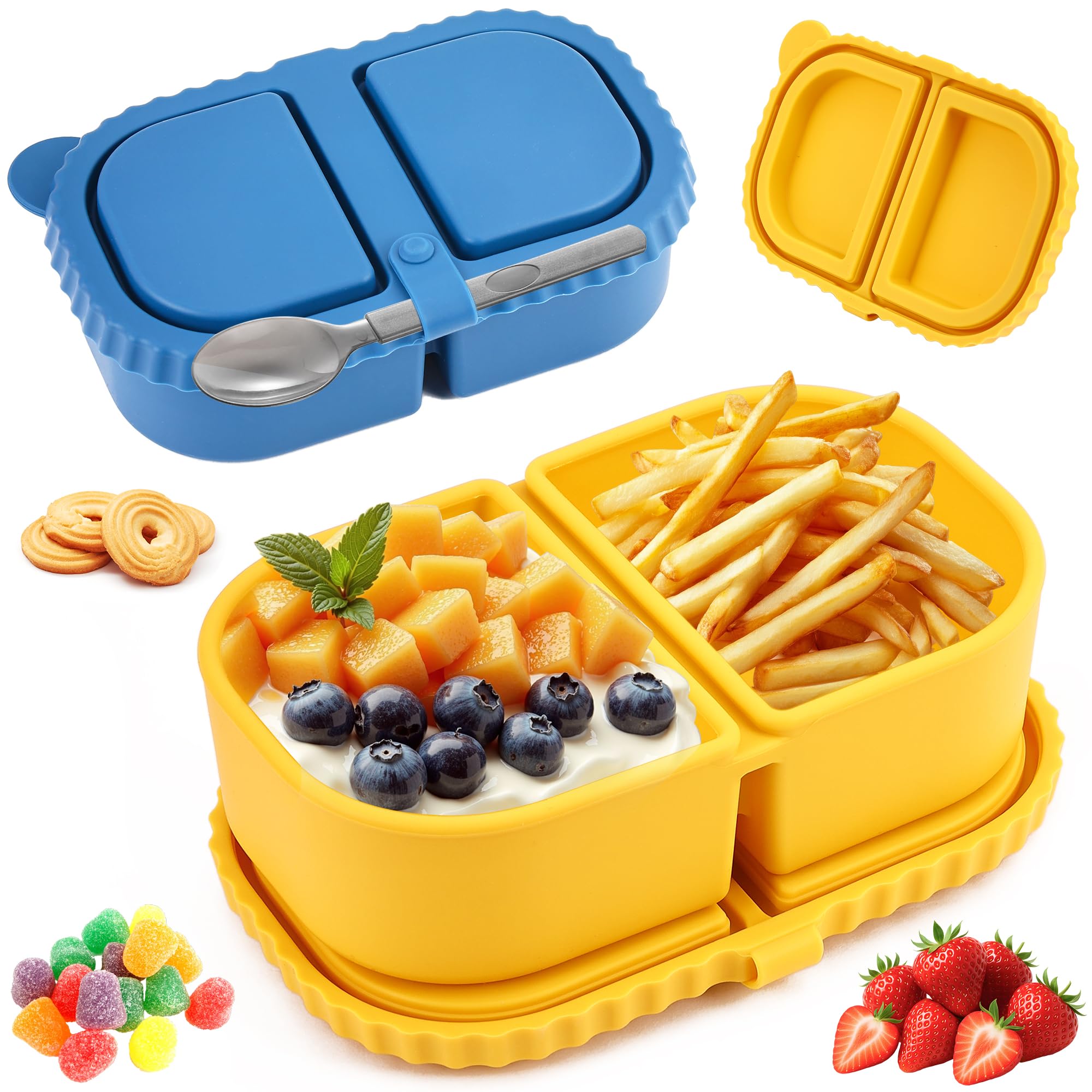 Photo 1 of 2/3/4Pack 8 oz Reusable Silicone Snack Containers with Lids, Mini Containers 2 Compartments Snackle Box for Kids & Adults, Portable Silicone Food Storage Box for Picnic, School, Office (8oz-2C-2Pcs)