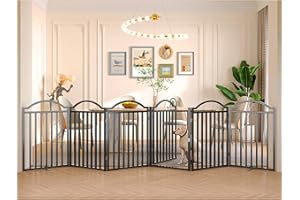 BHG Metal No-Assembly Freestanding Dog Gate with Door Walk Through, Extra Wide 144", Extra Tall 32" Pet Gate, Accordion Puppy Folding Playpen Dog Fence for Indoor & Outdoor, with 2PCS Support - Black