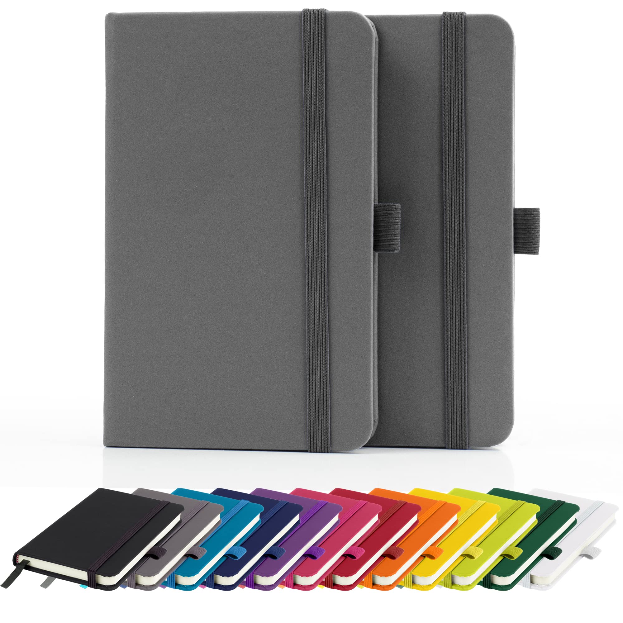 Savvy Bee 2 x Notebooks, Double Pack A6 Notebook New Lined Pocket Hardback Small Journal with pen loop, elastic closure and ribbon marker 196 pages / 98 sheets Notepad Notes Pad (Grey)