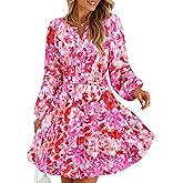 ZESICA Womens Spring Long Sleeve Floral Mini Dress 2026 Summer Boho V Neck A-Line Flowy Dresses Beach Vacation Clothes