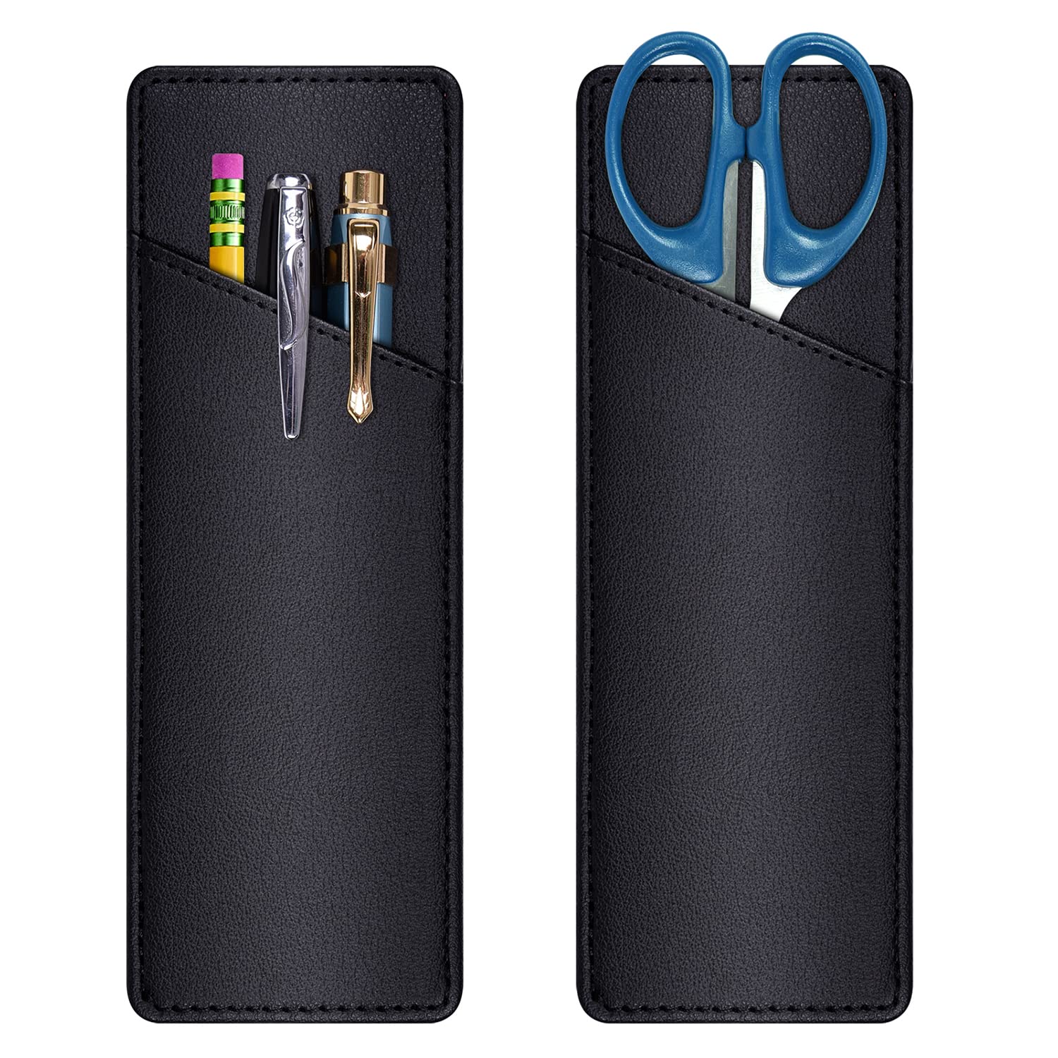 wisdompro 2 Pack Magnetic Pen Holder for Fridge, PU Leather Marker Pouch Pencil Holder for Refrigerator, Whiteboard, Metal Cabinets and Locker - Black