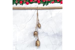LIMBAD Handmade Iron Bell Hanging Chime Brass Finish Wall Rope 4 Bells Cluster Wall Hanging Décor Bells, 21 Inch Long Hanging Bell Set - for Wreaths, Outdoor, Indoor, Christmas (Cinderella)