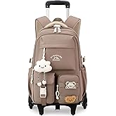 NIWEIYA Kids Rolling Backpack for Girls Boys, Elementary & Middle School Bags with Wheels, Boys Roller Backpack Kids Bookbag with 6 Wheels, Khaki