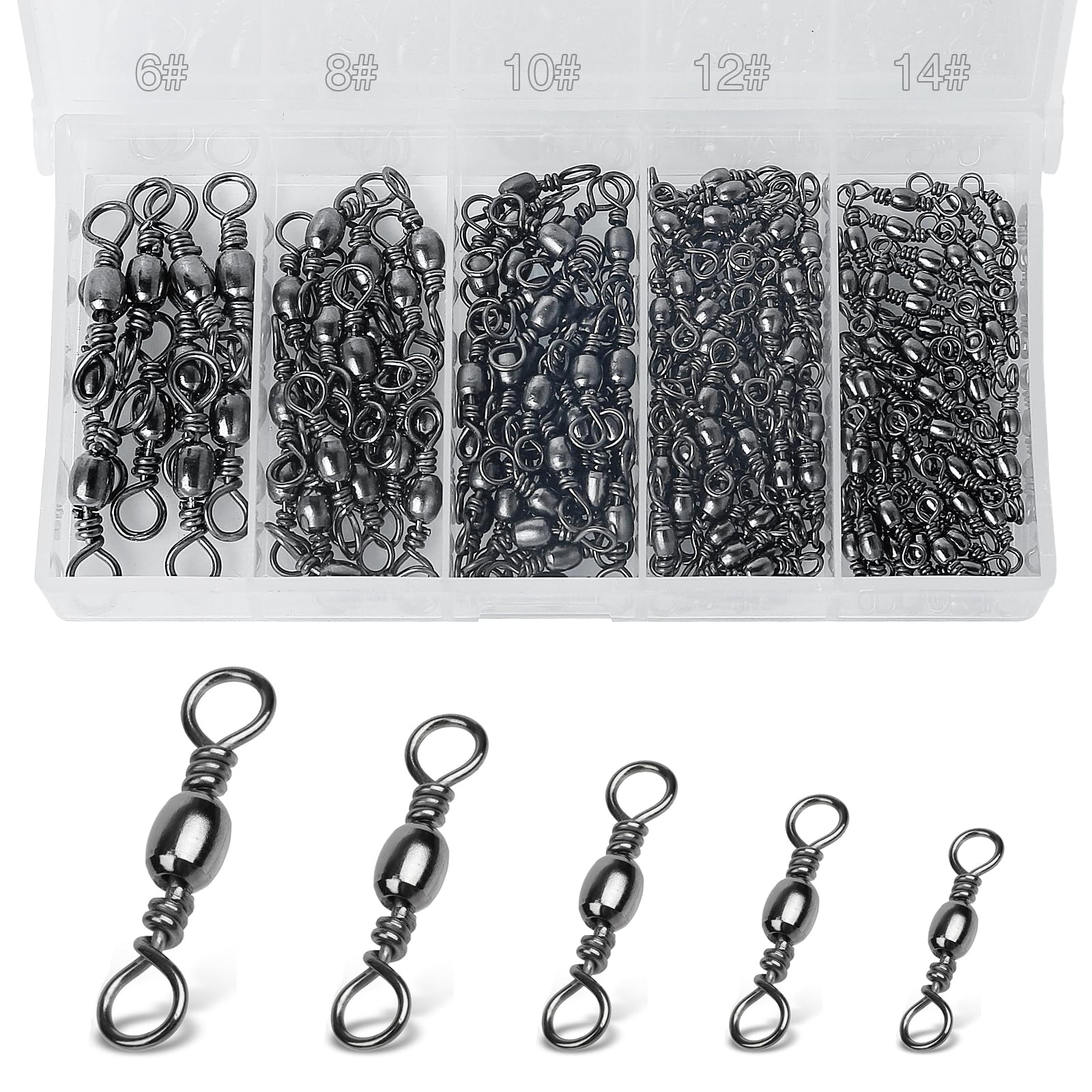 Realure 200 Pcs Rolling Fishing Swivels 5 Sizes Swivels for Carp Fishing Accessories Swivels 6# 8# 10# 12# 14# Barrel Fishing Connector Swivel for Sea Fishing, Fishing Line, Hooks Swivels