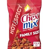 Chex Mix Hot &amp; Spicy Snack Mix, Savory Snack Bag, Family Size, 13.5 oz | Corn &amp; Hot &amp; Spicy Chex, Rye Chips, Round &amp; Square Pretzels, Breadsticks, 50% Less Fat than Regular Potato Chips