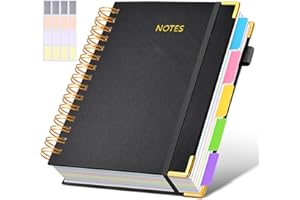 Hardcover Spiral Notebook journal with Removable Dividers Tabs, 300 Pages Leather 5 Subject Notebook College Ruled, 100GMS A5 Notebooks for Work School Note taking,Lined Journal for Women,A5-Black