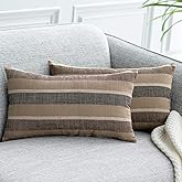 NATUS WEAVER 2 Pieces Decorative Classic Retro Stripe Throw Pillow Cover Soft Faux Linen Modern Farmhouse Lumbar Cushion Case for Sofa Bedroom Car 12 x 20 Inch Black Brown Mixed