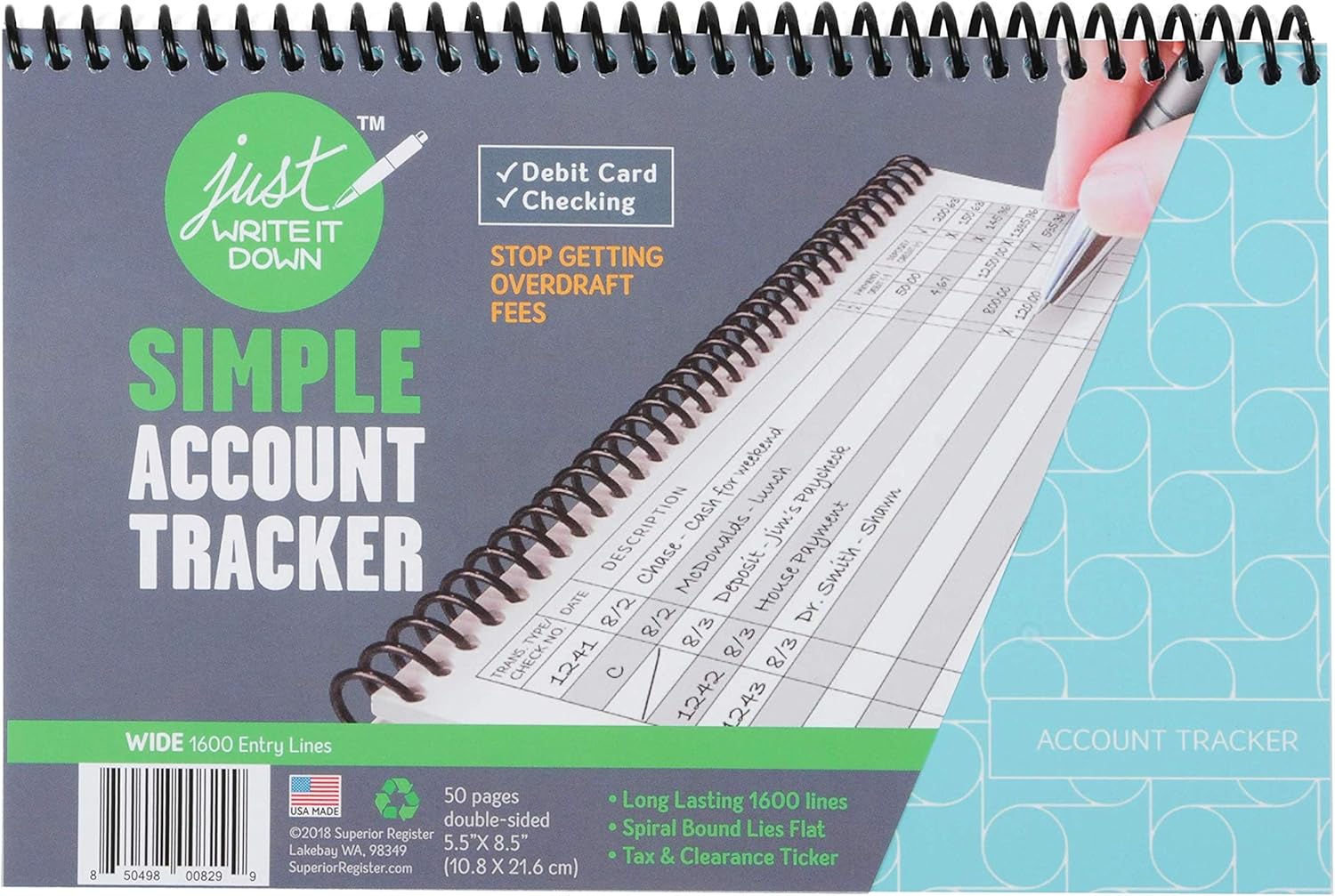 The Superior Check and Debit Card Register - Simple Account Tracker - W I D E Edition- Blue : Checkbook Registers : Office Products