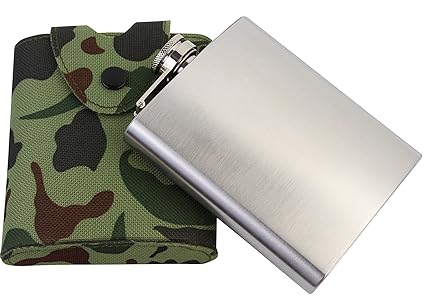 7Trees Stainless Steel Hip Flask with Army Camouflage Fabric Pouch, 207ml, Silver