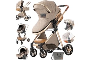 MAGIC ZC 3 in 1 Baby Travel System Baby Stroller Infant High Landscape Pushchair Reversible Foldable Portable Standard Stroller Newborn Pram Buggy Reclining Baby Carriage (MGV9-KHAKI)
