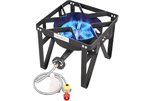 Vivicreate Propane Gas Stove, 185000 BTU High Pressure Outdoor Camping Stove with Regulator, Cast Iron Burner, CSA listed regulator and gas hose,Black (Higher)