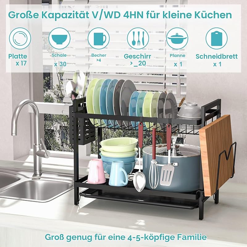 2 Ebenen Abtropfgestell Geschirr Geschirrkorb Geschirrabtropfgestell Edelstahl Geschirr Abtropfständer Geschirrabtropfgestell mit Utensilienhalter Abtropfschale Haken für Küchentheke Spüle Organizer — Foto 3 von 7