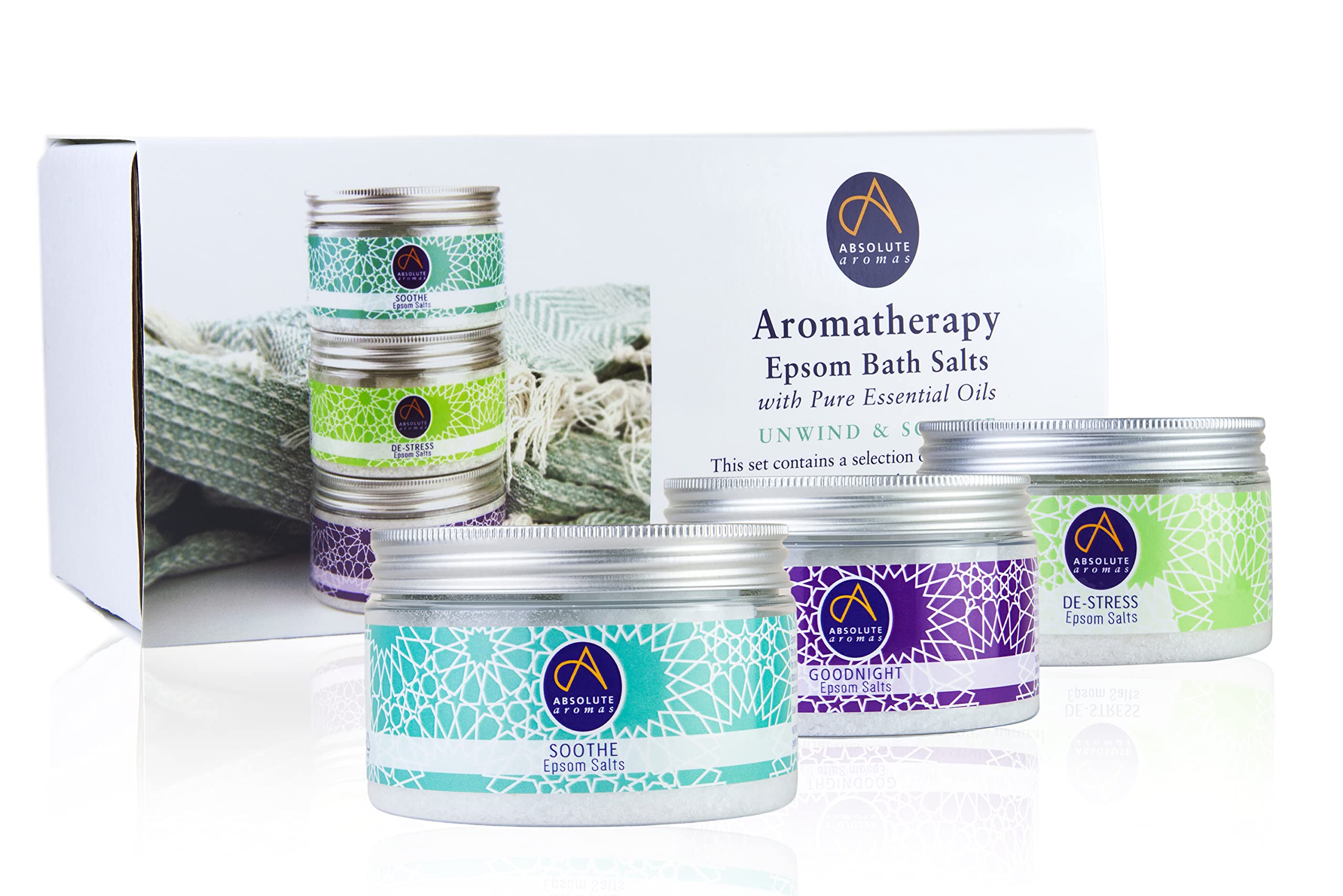 Absolute Aromas Unwind & Soothe Epsom Salt Gift Set - 3 x 300g of Goodnight, Soothe & De-Stress with Pure Essential Oils
