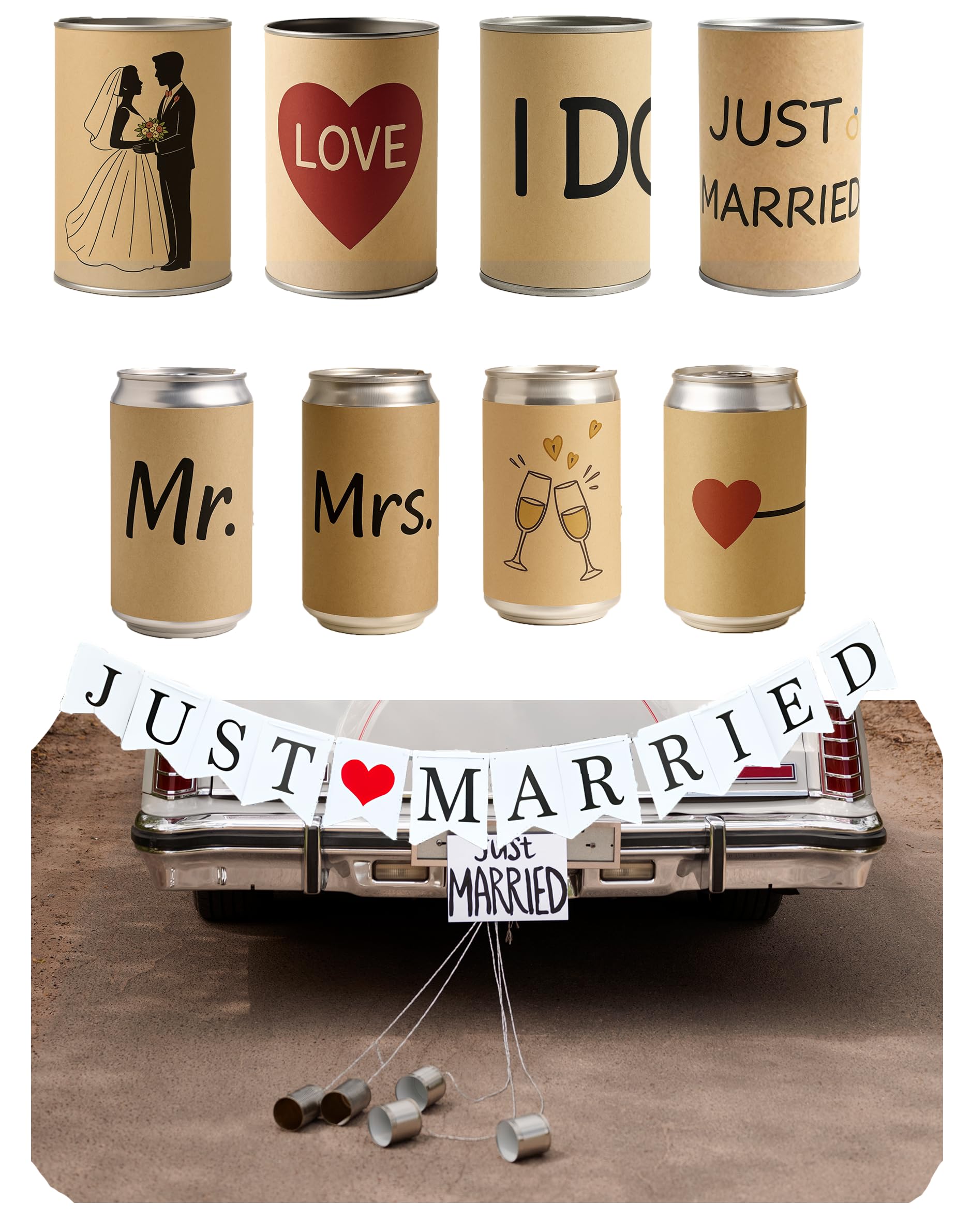 Photo 1 of 10PCS Vintage Handmade Wedding Tin Cans with Just Married Banner Sign,Jute String-Back,Elegant Romantic Fashion/Rustic Wedding Car Decoratioins-Easy Install for Bride Vehicles