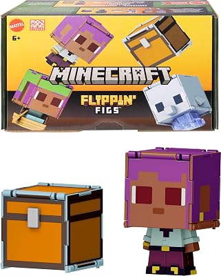 Minecraft Coffret Flippin’ Figs Efe + Efe sur son voilier et Dauphin + Coffre avec 2 figurines articulées 2 en 1 de 9,5 cm à transformer, têtes surdimensionnées, JCY31