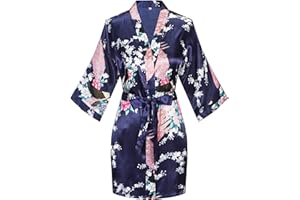 KIMONO PALACE Women's Short Kimono Robes Bride and Bridesmaid Satin Floral Bathrobe Peacock Sleepwear Dressing Gown for Wedding Party