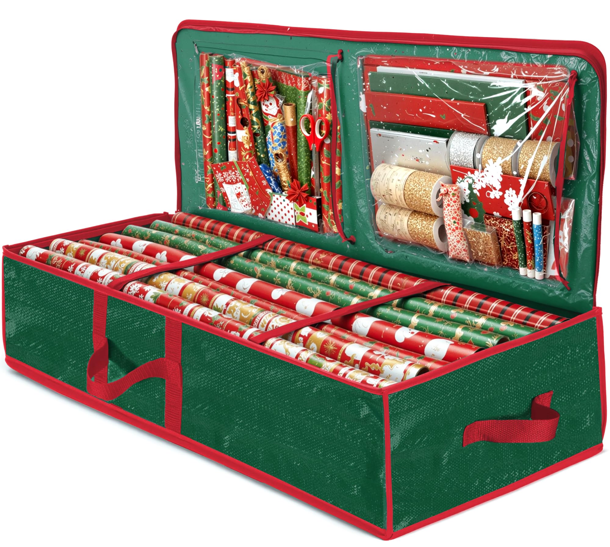 Zober Christmas Wrapping Paper Storage Bag with Interior Pockets - Fits 18-24 Rolls - Gift Wrap Organiser for Christmas Decorations Bows, Tags & Ribbons - Durable Tear Proof Wrapping Paper Storage Box