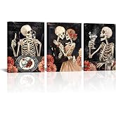 FuShvre Skeleton Decor Dining Room Wall Art Painting on Canvas Moody Romantic Pictures for Home Kitchen Restaurant Framed 12x16 inches each
