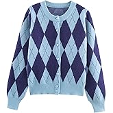 KEOMUD Argyle Sweater Women Vintage Knit Cardigan Sweater Long Sleeve Button Down Soft Outwear for Fall Spring