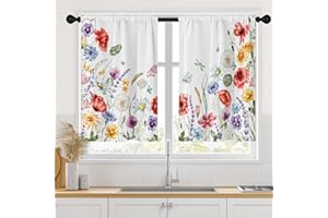 Arttown Spring Kitchen Curtains, Floral Wildflower Summer Short Window Curtains Set of 2, Flower Lavender Butterfly Window Treatment Tier Curtains for Kitchen Over Sink Decor (26x36 Inch)