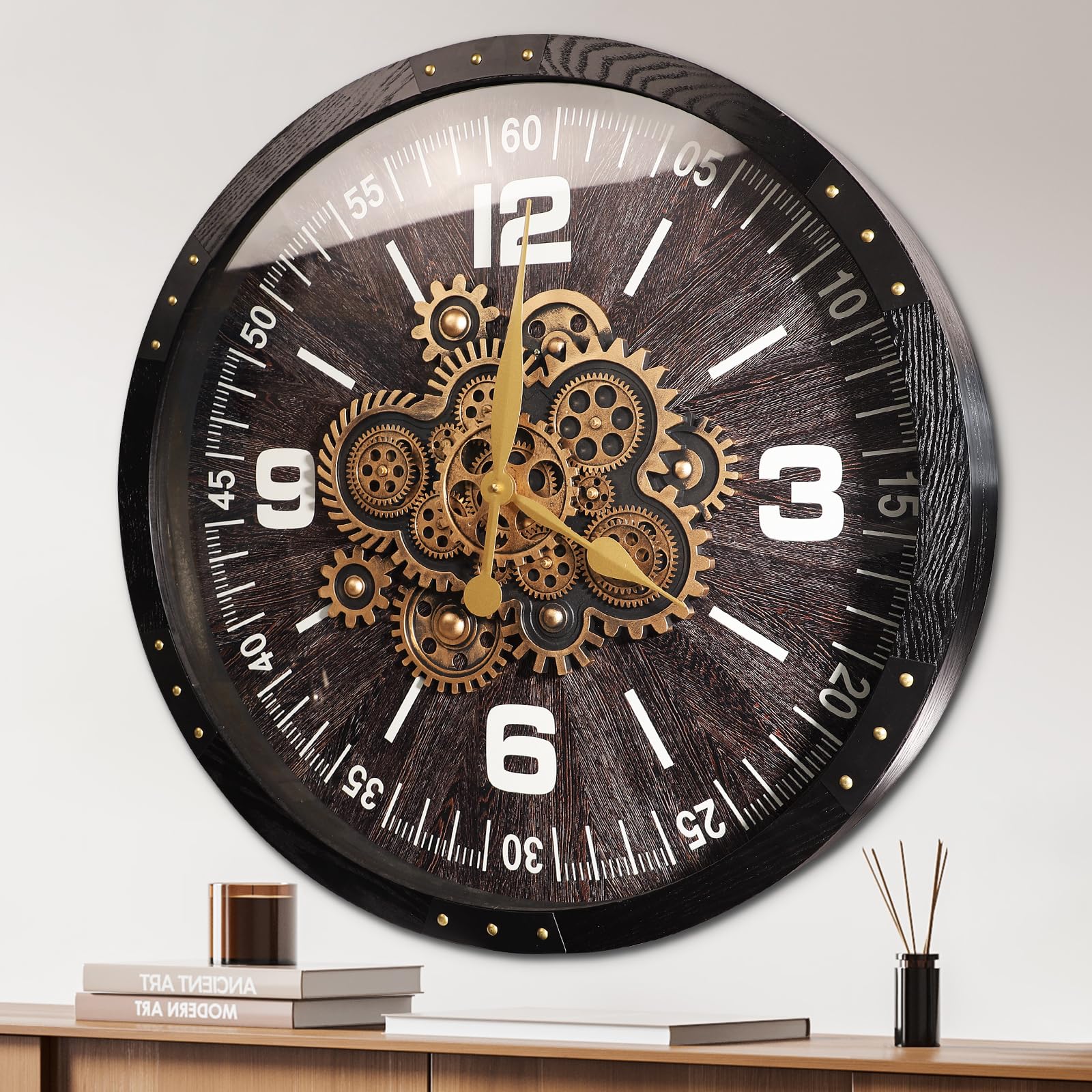 TOKTEKK Wall Clocks for Living Room Decor, Large Real Moving Gears ...
