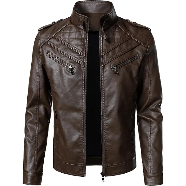 chouyatou Men's Vintage Asymmetric Zip Lightweight Faux Leather