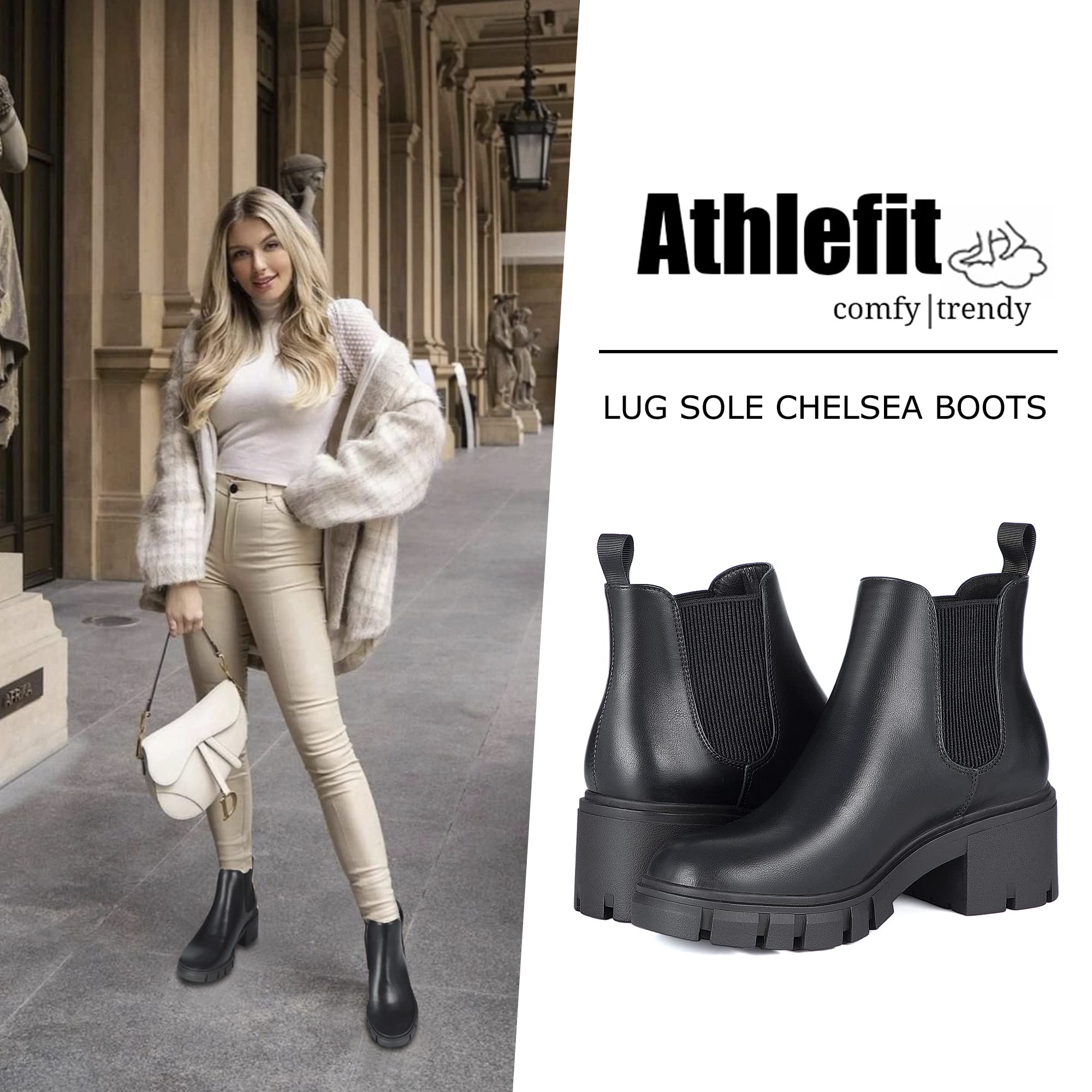 Athlefit Women's Chelsea Boots Fashion Lug Sole Chunky Heel Slip on Elastic Ankle Booties
