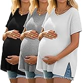 Neer 3 Pack Women's Waffle Maternity Shirts, Drop Shoulder Short Sleeve Split Side Pregnancy Tops Crewneck Loose Basic Tee
