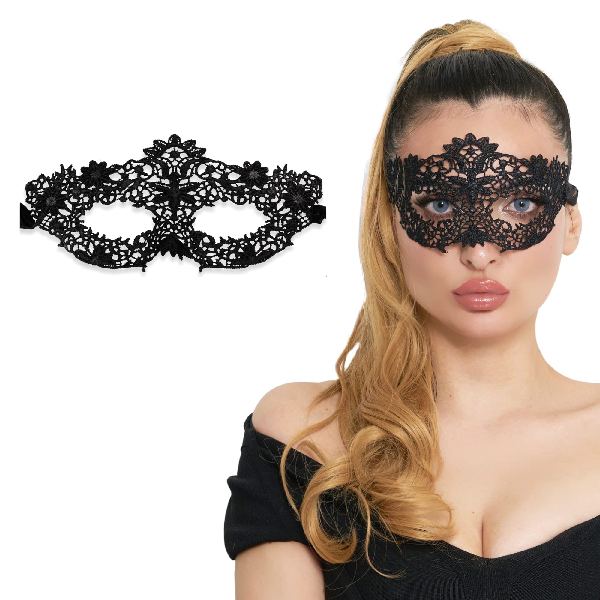 Lace Masquerade Mask for Women - Venetian Party, Prom, Mardi Gras, Halloween, Flower Black, One Size