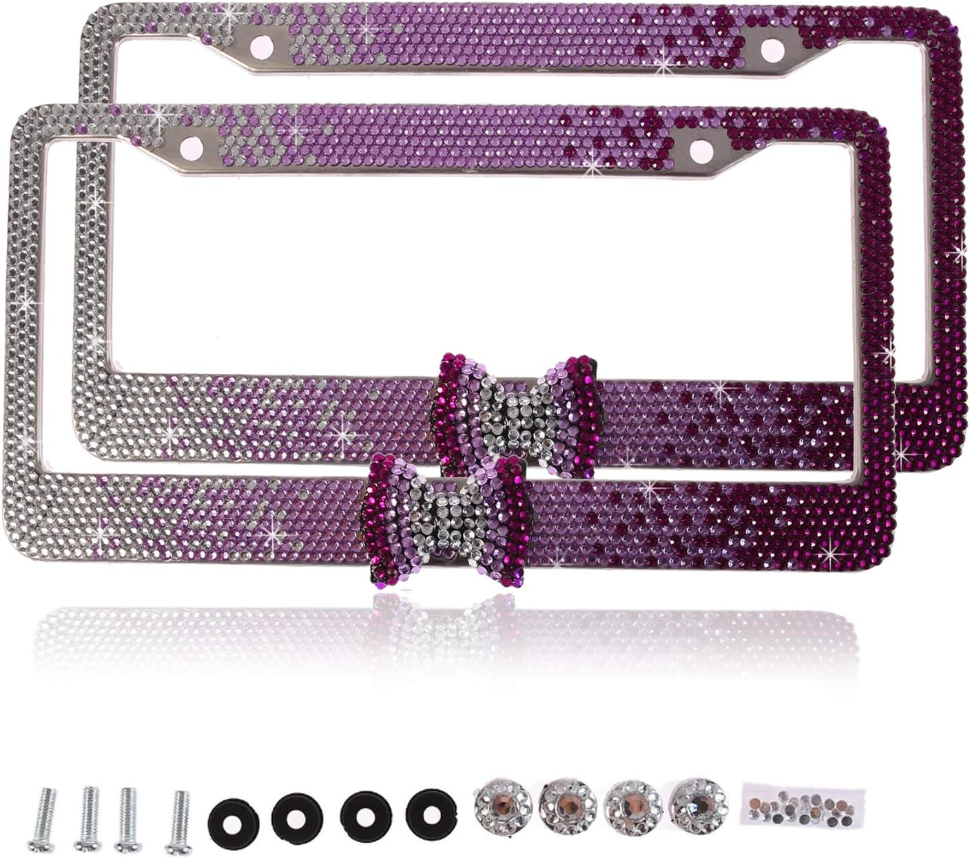 Purely Handmade Fashion 8 Row Gradient Purple Bow Bling Crystal Car License Plate Frame Cute Waterproof Rhinestone SUV License Plate Holder Stainless Steel Truck Plate Frame(2 Frames)