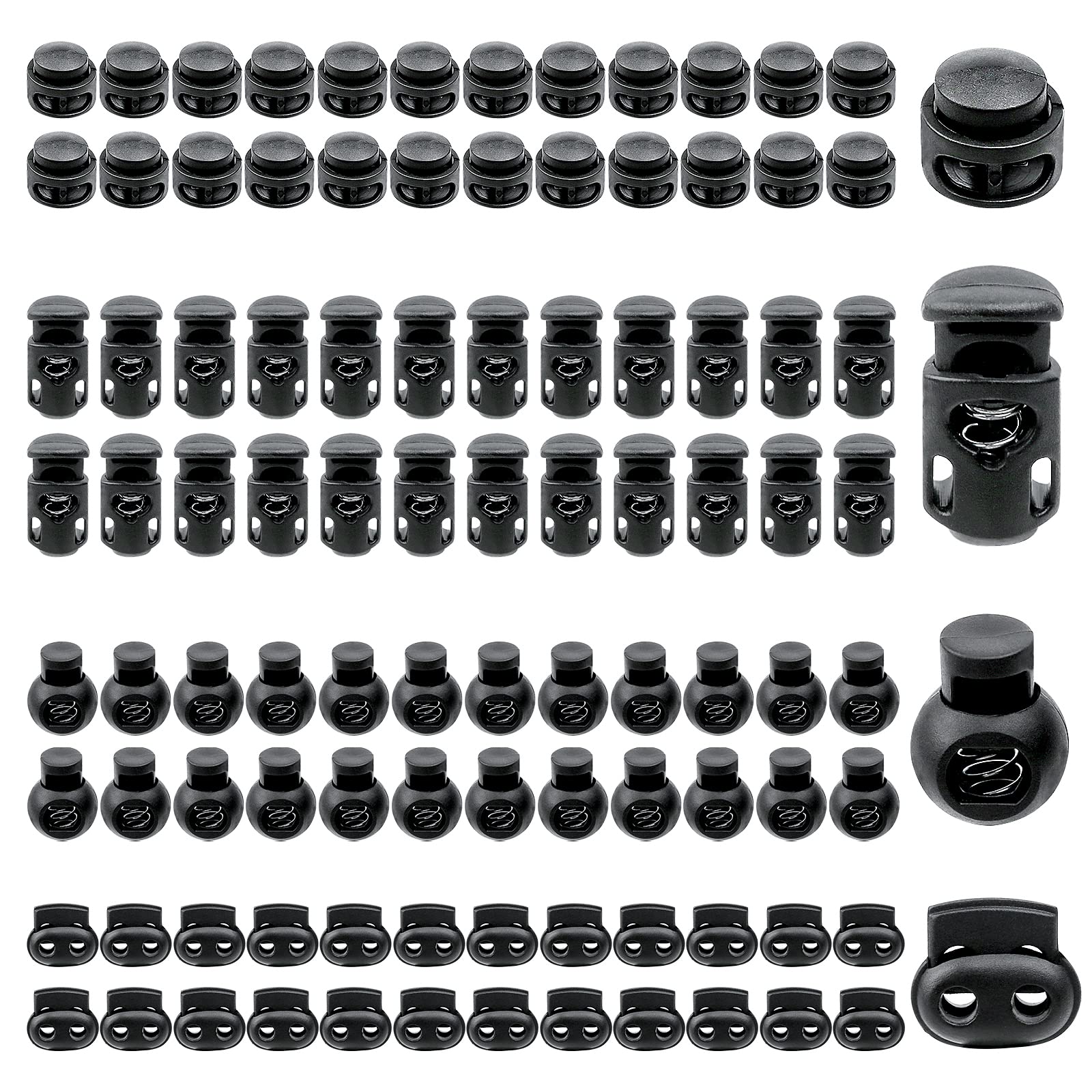 Ysimple 100 pcs 4 Styles Plastic Drawstring Cord Locks Cord Oval Toggle Stopper Sliders End Spring Toggles for Cords Stopper Slider for Backpacks Shoelace Spor