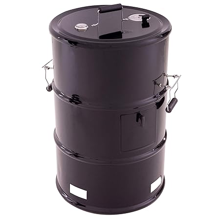 Nexos Grilltonne Grillfass 4 in 1 Feuertonne BBQ-Smoker schwarz Stahl 92 x 57cm Holzkohlegrill Smoker Räucherofen Grill mit F