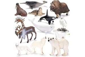 THINKBAY 12PCS 4-7" Large Arctic Polar Animal Toys Figurines, Realistic Plastic Artic Animal Figures, Includes Polar Bear,Whales,Orca, Birthday Gift Party Favors Cake Toppers for Kids