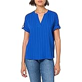 MULTIPLES Women's Petite Cuffed Tab Short Sleeve Dolman Y-Neck Band Collar Top