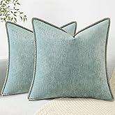 decorUhome Spring Chenille Soft Cozy Throw Pillow Covers 20x20 Set of 2, Modern Farmhouse Boho Velvet Decorative Pillow Cases with Stitched Edge for Couch Sofa Bed Home Decor, Aqua Haze