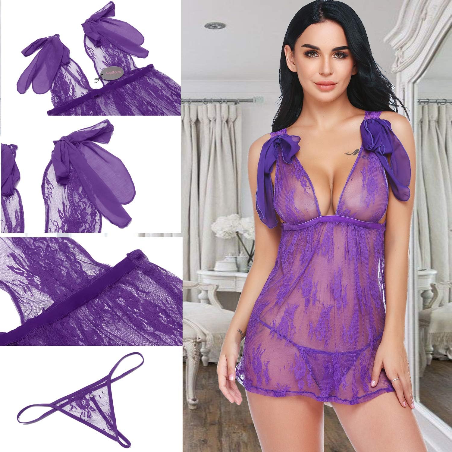 ADOME Women Lace Babydoll Lingerie Deep V Neck Strap Chemise Bow Sheer Nightwear: Clothing