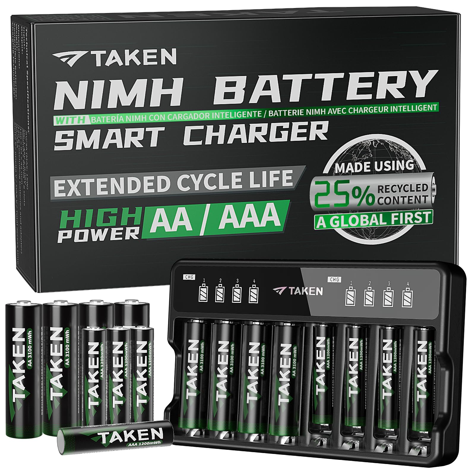 Photo 1 of TAKEN Rechargeable 8-Pack 3100mWh AA and 8-Pack 1200mWh AAA NiMH High Capacity Batteries Made Using 25% Recycled Content with 8 Bay Smart Battery Charger for Fast Charging of AA & AAA Batteries